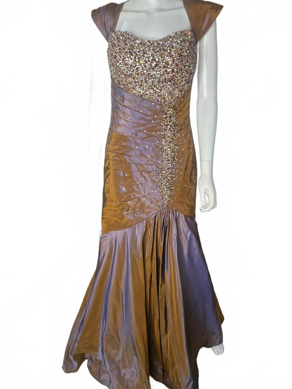 Rina di Montella Bronze Beaded Mermaid Evening Gown Size US 10 Lined